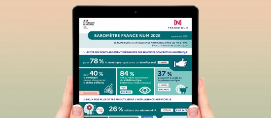 Tablet held by two hands displaying a colorful infographic titled Baromètre France Num 2025 against a soft gradient background.