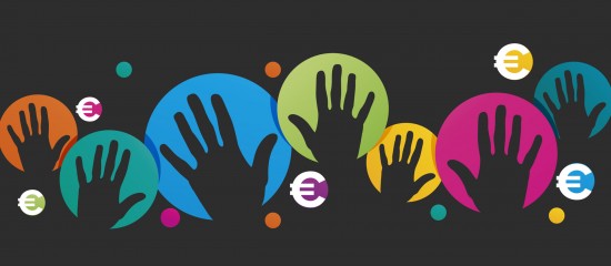 Colorful overlapping circles with raised hands on a dark background, symbolizing teamwork and community.