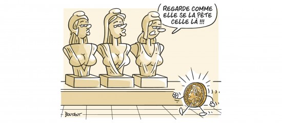 Humorous cartoon: three bust statues on pedestals as a brain character scurries away, muttering about someone showing off.