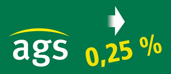 Green background featuring the white 'ags' logo on the left and a yellow '0,25 %' with a white arrow on the right.