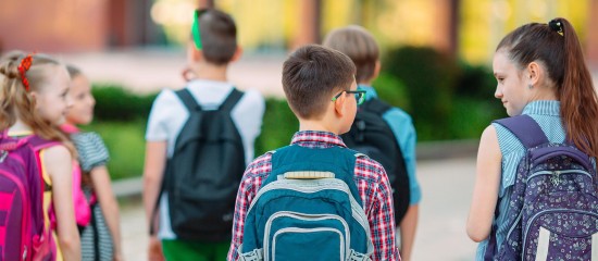 Group of students with backpacks walking outdoors, seen from behind on a sunny day.