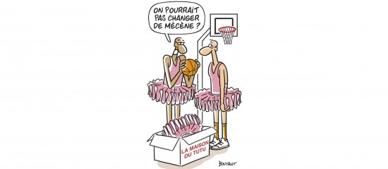 Cartoon of two men in pink tutus on a small stage; one speaks, asking in French, 'On pourrait pas changer de mèche?' with a box labeled 'La Maison du tutu' nearby.