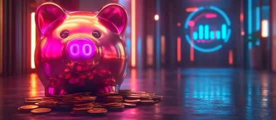 Shiny pink piggy bank with coins scattered on a neon-lit floor, suggesting saving money.