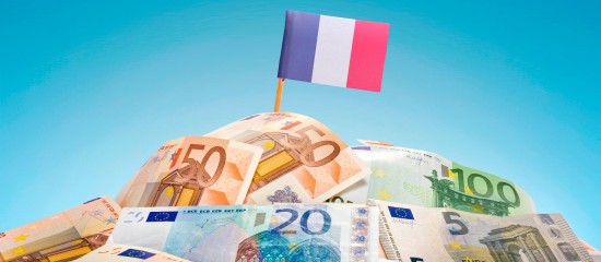 Pile of euro banknotes with a small French flag on a stick against a bright blue sky, symbolizing France's economy and finance.