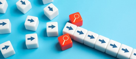 Row of white cubes with blue right-pointing arrows, plus two red cubes with magnifying-glass icons on a blue background, suggesting search for direction path.