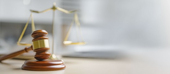 Gavel in the foreground with the scales of justice blurred in the background, symbolizing law and justice.