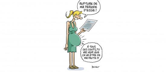 Cartoon of a pregnant woman in a green dress reading a sheet of paper, with two speech bubbles containing humorous text about her period and pregnancy in French.
