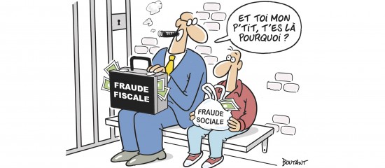 Cartoon of two men in a jail cell holding boxes labeled Fraude Fiscale and Fraude Sociale.